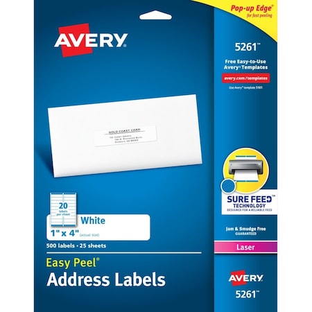 Avery Label, Ezpeel, Lsr, 1X4, We, 500 AVE5261